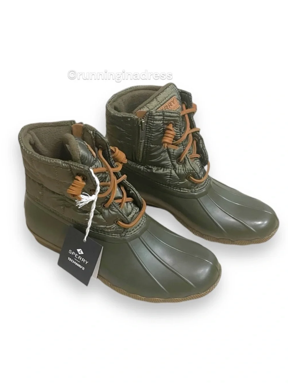 NWT Sperry Saltwater All-Weather Rain Boots Dark Olive Quilted - 8.5